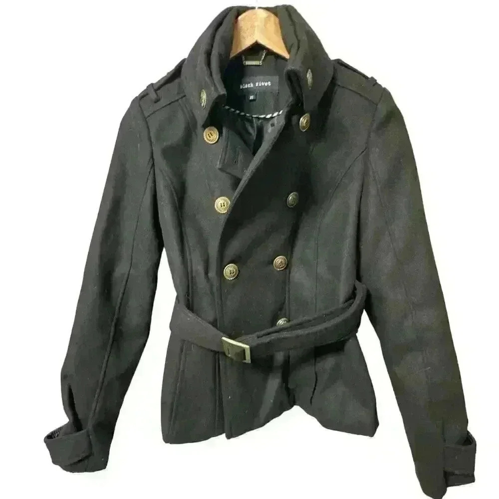 Women’s Black Rivet Belted Black Pea Coat Size XS